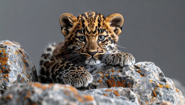 Adorable Leopard Cub Resting on Rocks in Natural Habitat.
