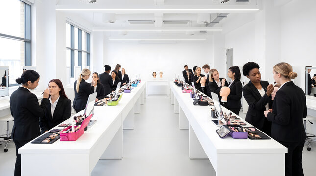 Beauty training class students practicing makeup application at workstations