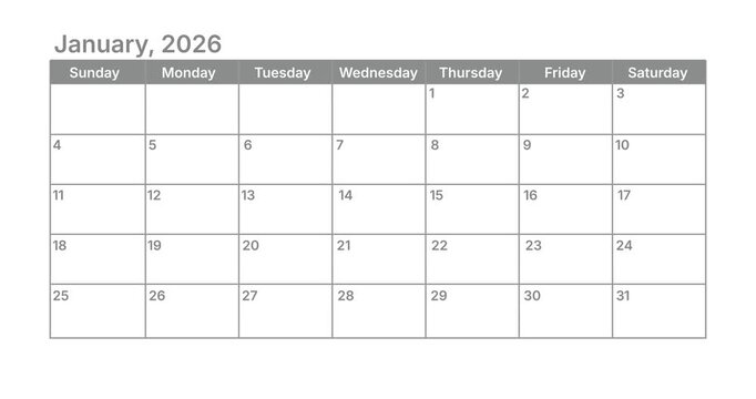 Classic January monthly calendar for 2026. week starts on sunday. isolated on white background for business planning and scheduling concept