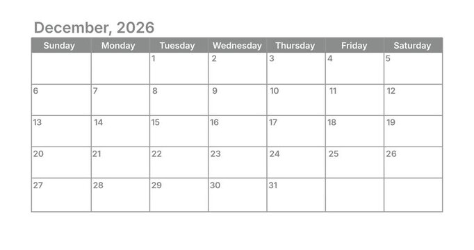 Classic December monthly calendar for 2026. week starts on sunday. isolated on white background for business planning and scheduling concept