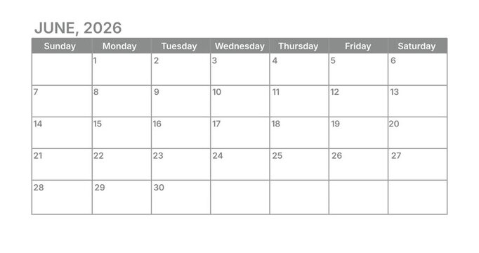 Classic June monthly calendar for 2026. week starts on sunday. isolated on white background for business planning and scheduling concept