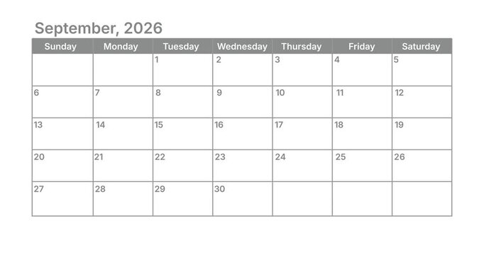 Classic September monthly calendar for 2026. week starts on sunday. isolated on white background for business planning and scheduling concept