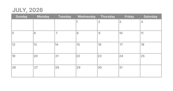 Classic July monthly calendar for 2026. week starts on sunday. isolated on white background for business planning and scheduling concept