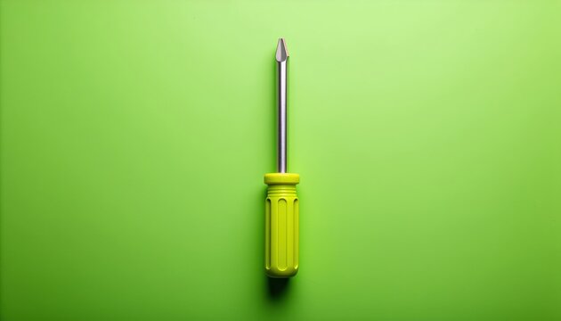 Bright green background with a yellow-handled flathead screwdriver centrally positioned