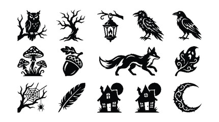 Spooky woodland and fantasy elements silhouettes set © Farina