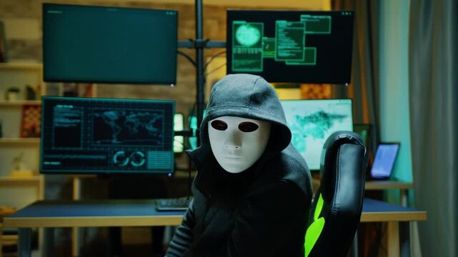 Masked Female Cybercriminal with Laptop Holding Weapon Concept for Cybercrime Identity Theft and Digital Security Risk Illustration