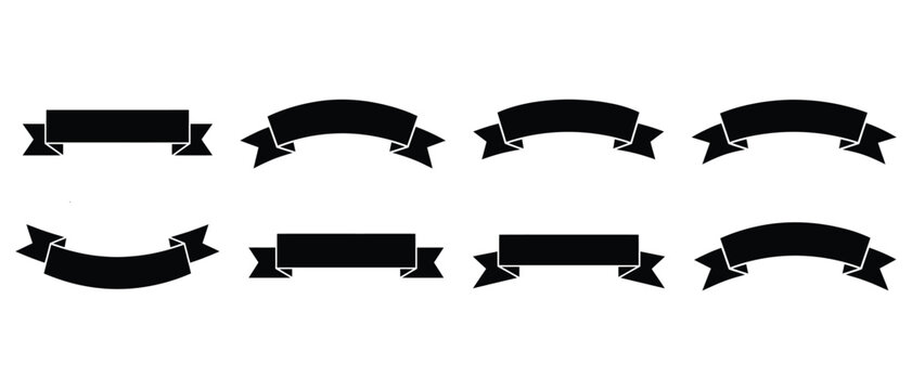 Set of eight black silhouette ribbon banners with assorted curvatures elements decorative silhouettes graphical template headings collection isolated advertising marketing