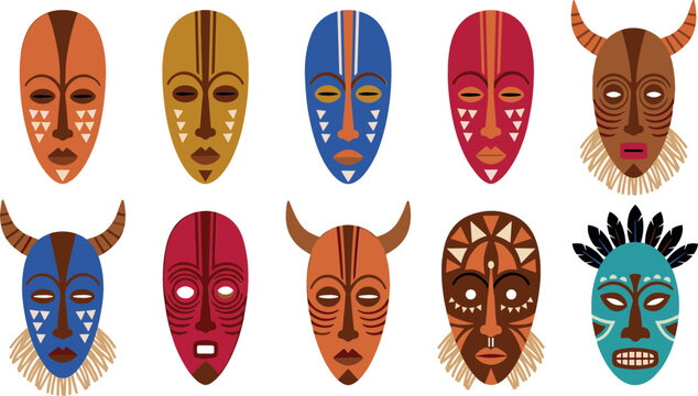 Traditional tribal masks collection with african ethnic elements wooden tiki ritual face designs and indigenous carnival ornaments flat vector illustration set.