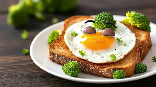 Funny monster breakfast toast with fried egg and broccoli for Halloween brunch. Creative food art for holiday meal. Samhain