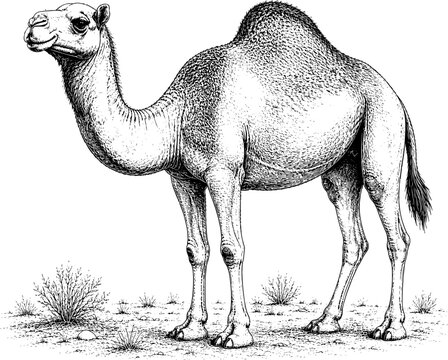 Hand Drawn Camel Sketch Vector Illustration Isolated on White Background, Vintage Desert Animal Line Art, Monochrome Ink Drawing, Detailed Outline Wildlife Clipart