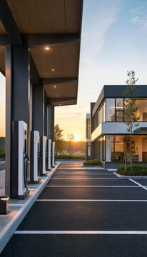Modern electric vehicle charging station exterior at sunset with building and empty parking spaces charging electric building architecture exterior sustainable infrastructure transport