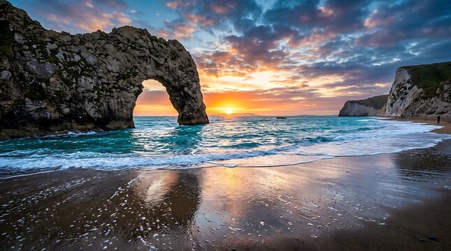 Durdle door sunset dramatic coastal arch at dorset england