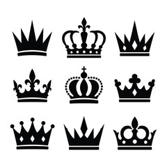 Set of black royal crowns for luxury and heraldic designs with fleur de lis monarchy heraldic medieval sovereign collection silhouette isolated imperial decoration prestige © Romzain