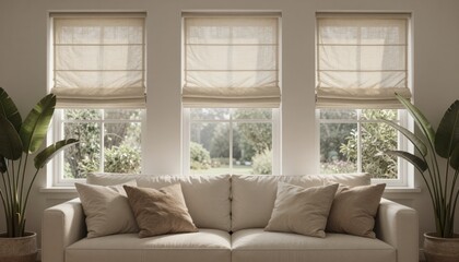 Fototapeta premium Cozy lounge with neutral-toned sofa and potted plants