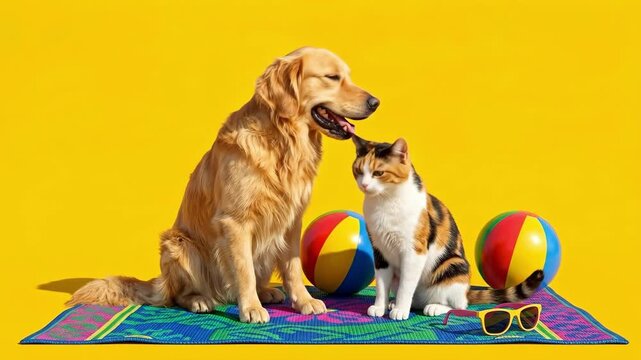 Golden retriever dog and calico cat sitting together on colorful beach mat with beach balls and sunglasses against yellow background. Pets enjoying summer vacation