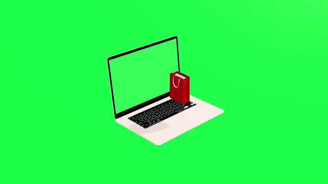 Online shopping and e-commerce concept, laptop with green screen and red shopping bag appearing, 4k animation, consumerism, technology, buy, sale