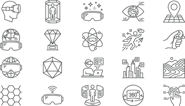 Futuristic augmented reality linear icon pack showing simulation glasses interactive interface data visualization 360 degree video and cyberpunk symbols vector