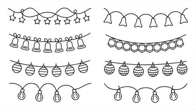 A black and white Christmas pattern features various hanging decorations and ornaments.