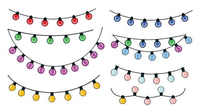A digital illustration of five glowing string lights with colorful bulbs