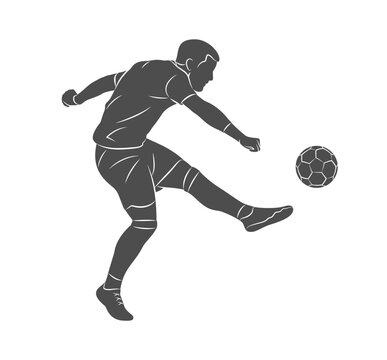Football soccer player man in action kicks a ball isolated white background. Vector illustration