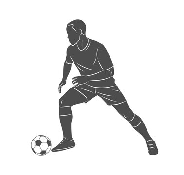 Football soccer player man in action kicks a ball isolated white background. Vector illustration