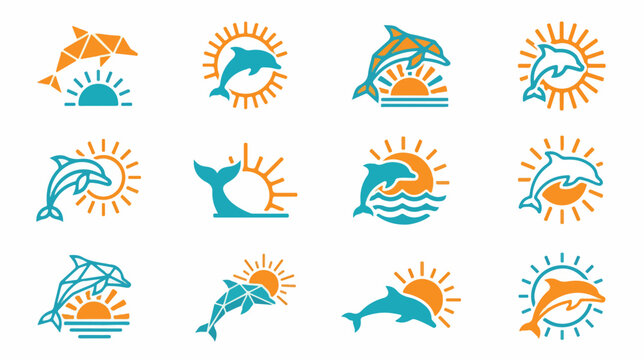 Set of dolphin and sunset logo designs for marine branding.