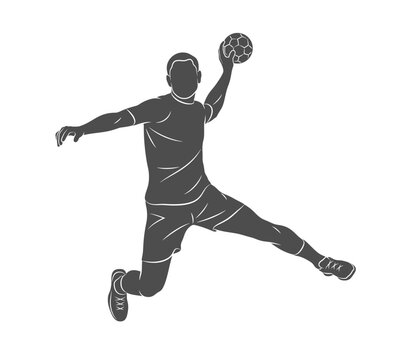 Silhouette of a handball player on white background. Handball player man are throws the ball. Vector illustration