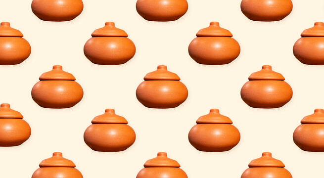 Traditional Chilean handmade clay pottery seamless pattern with Pomaire earthenware pots on warm cream background, rustic panoramic 16:9 banner.
