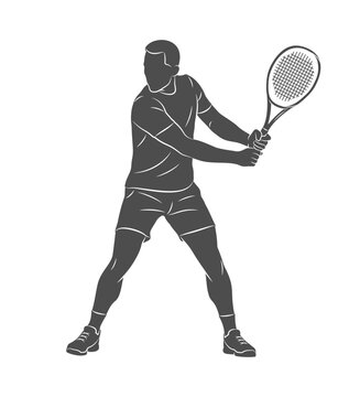 The silhouette of a tennis player in the process of hitting a racket. Vector illustration