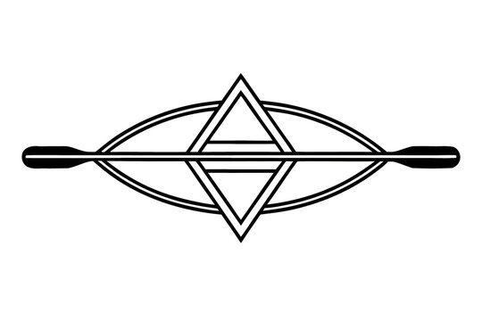 Symmetrical geometric line art design featuring a boat with paddles on white background.