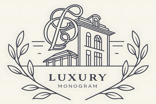 Luxury monogram design featuring elegant house with unique intertwined initials and natural wreath.