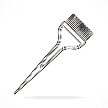 A crisp, black and white vector line art illustration of a professional hair dye brush with a pointed tail handle, isolated on a clean white background.