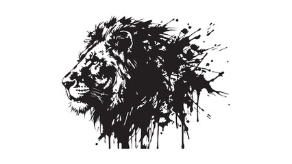 Artistic Black and White Lion Head Silhouette with Ink Splatter Effect © MD
