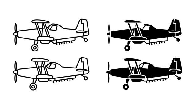 Crop Duster Biplane Icons: A set of four simple graphic icons showcasing a crop duster biplane, presented in both outline and solid black silhouette.