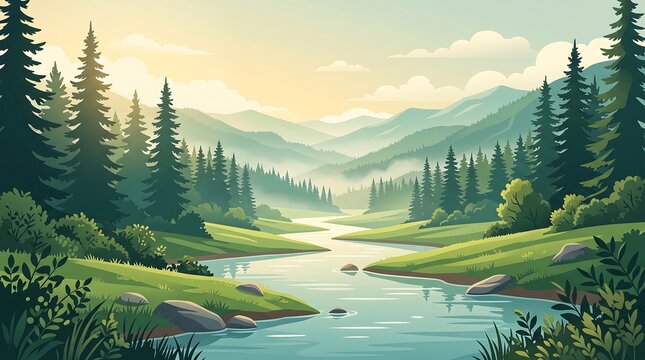 A serene vector illustration of a winding river flowing through lush green meadows and dense pine forests, under a soft morning sun rising over distant misty mountains.