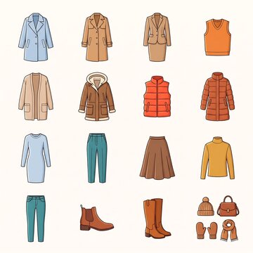 Flat lay vector illustration grid of a women's autumn and winter capsule wardrobe featuring cozy coats, knitwear, trousers, skirts, boots, and warm seasonal accessories.