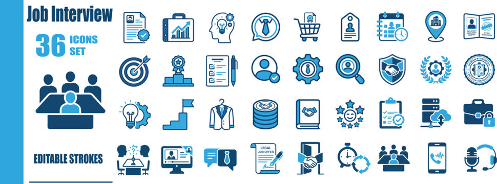 Job Interview Duotone Line Icon Set - Flat Vector Recruitment Platform Symbols, Human Resources Hiring Badges, Career Preparation, and Talent Acquisition UI Interface Signs