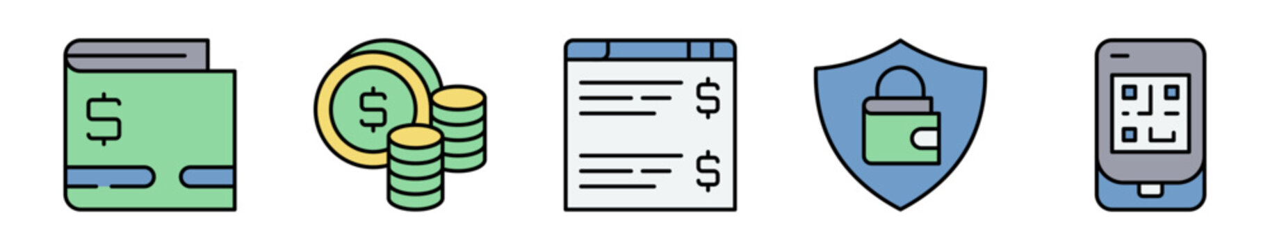 Conjunto de iconos de finanzas digitales. Representa pagos electr&oacute;nicos y administraci&oacute;n econ&oacute;mica. Incluye billetera, transacciones, ingresos, ahorro y comercio electr&oacute;nico. Ilustraci&oacute;n vectorial