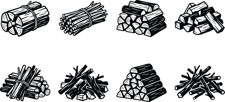 Firewood stack bundle and chopped wood logs black vector line art icon set