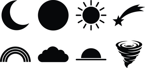 Weather phenomena and astronomical space elements flat black vector silhouette minimal icon set © Rakib 
