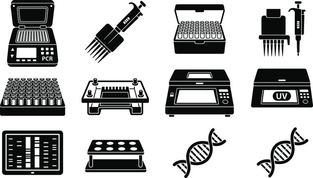 Laboratory Science Vector Icon Set Featuring PCR Machine, Pipettes, DNA Helix, Test Tubes, and Bio Technology Equipment for Research Designs
