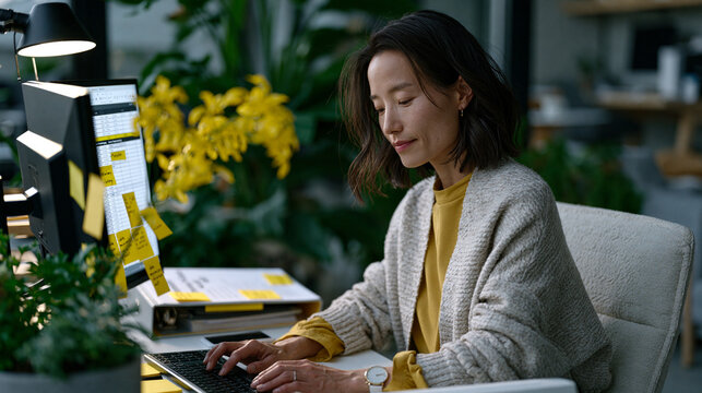 Data privacy officer seated at a minimalist desk reviewing a personal data inventory spreadsheet, sticky notes marking fields flagged for deletion, a data minimization audit framework printed in a b