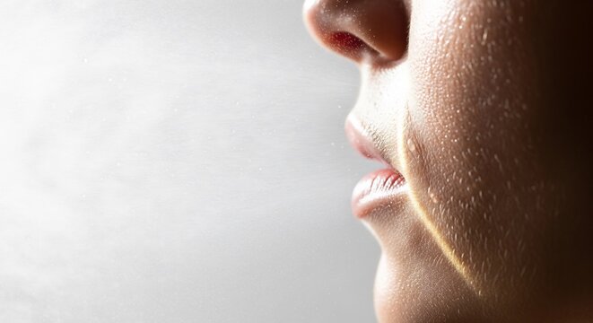 Close up profile of human face with fine mist spraying across skin texture