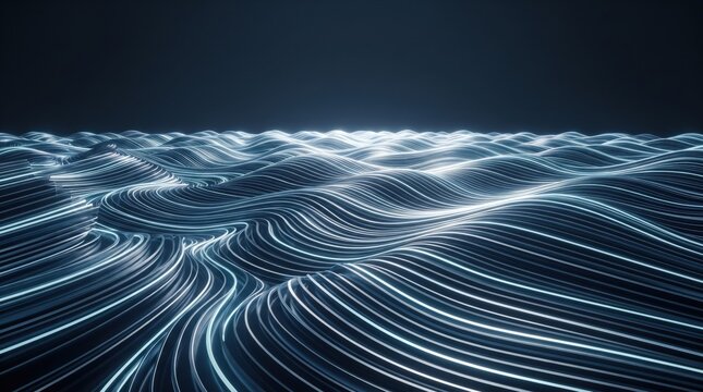 Abstract flowing lines of digital data streaming across dark surface