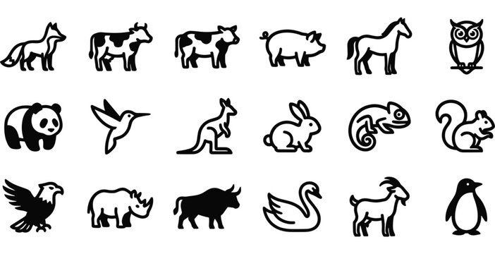 Minimalist vector line art icon set of wild animals and farm livestock outlines isolated on a white background