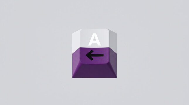 Mechanical keyboard keycap with letter A and back arrow, purple and white custom keycap, minimalist gaming hardware accessory on grey background