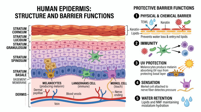 Human epidermis layers and protective barrier functions diagram
