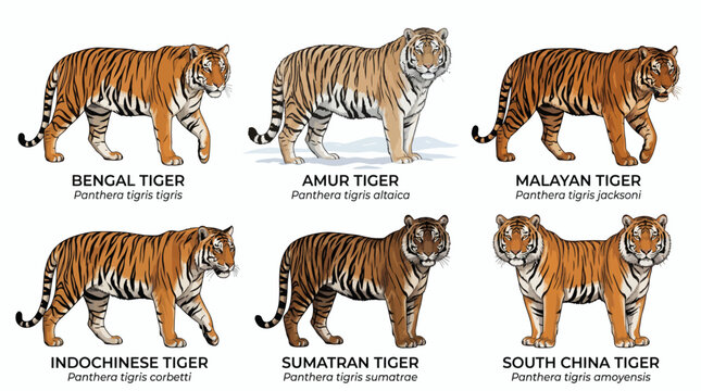 Educational chart of tiger subspecies with scientific names
