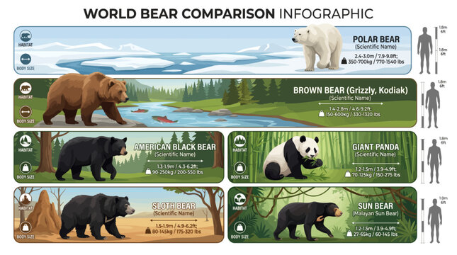 Bear species comparison infographic showing habitats and size charts