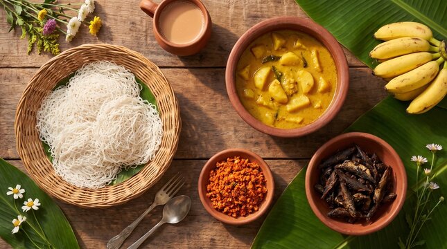 A high-quality overhead flat lay photo of an authentic Sri Lankan breakfast arranged on a rustic wooden table. Includes string hoppers, potato curry, spicy pol sambol, and fish ambul thiyal served in 